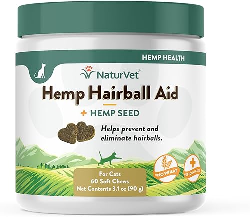 NaturVet Hemp Hairball Aid Plus Semilla de cáñamo para gatos, 60 unidades masticables suaves, fabricado en los Estados Unidos