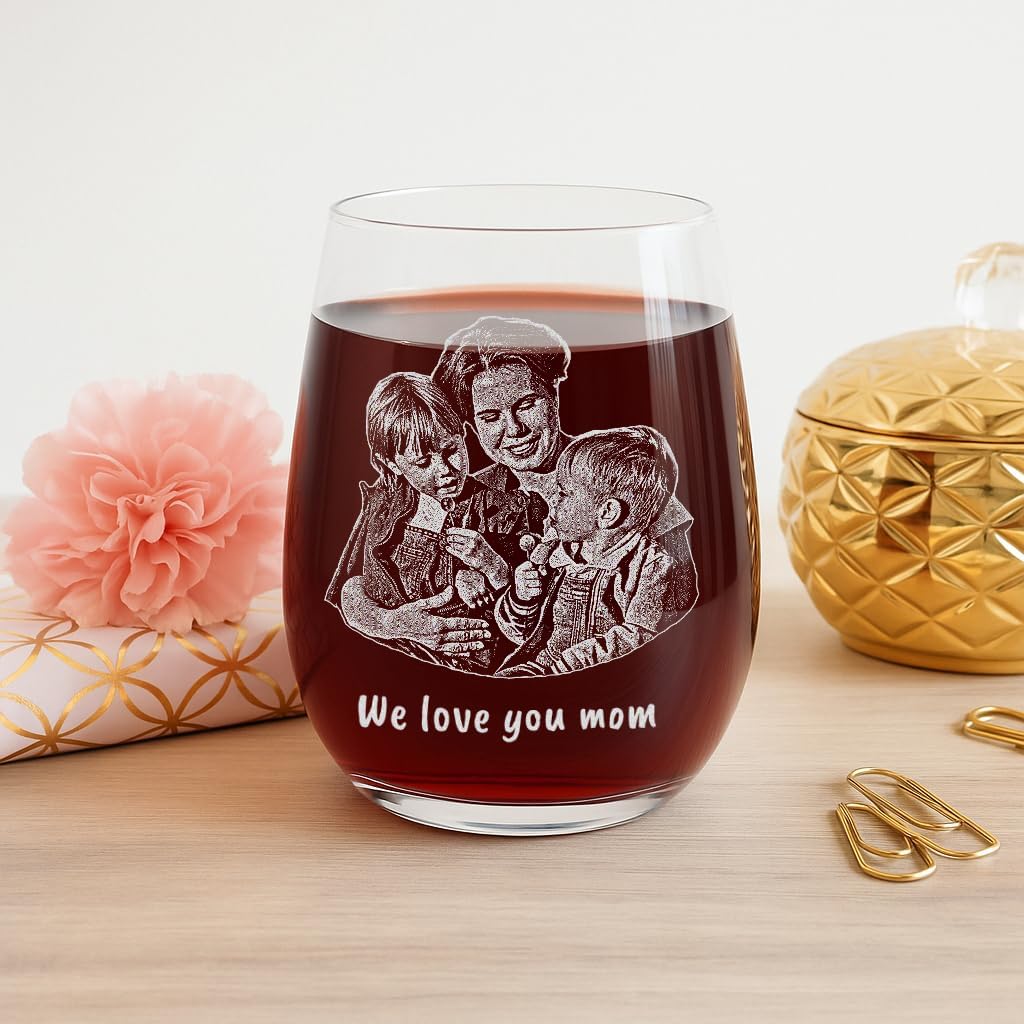 Personalized Mother's Day Gifts for Mom - Custom Engraved Photo Stemless Wine Glass, Cute Mother Gifts from Daughter Son, Mom Presents, Gift for Grandma