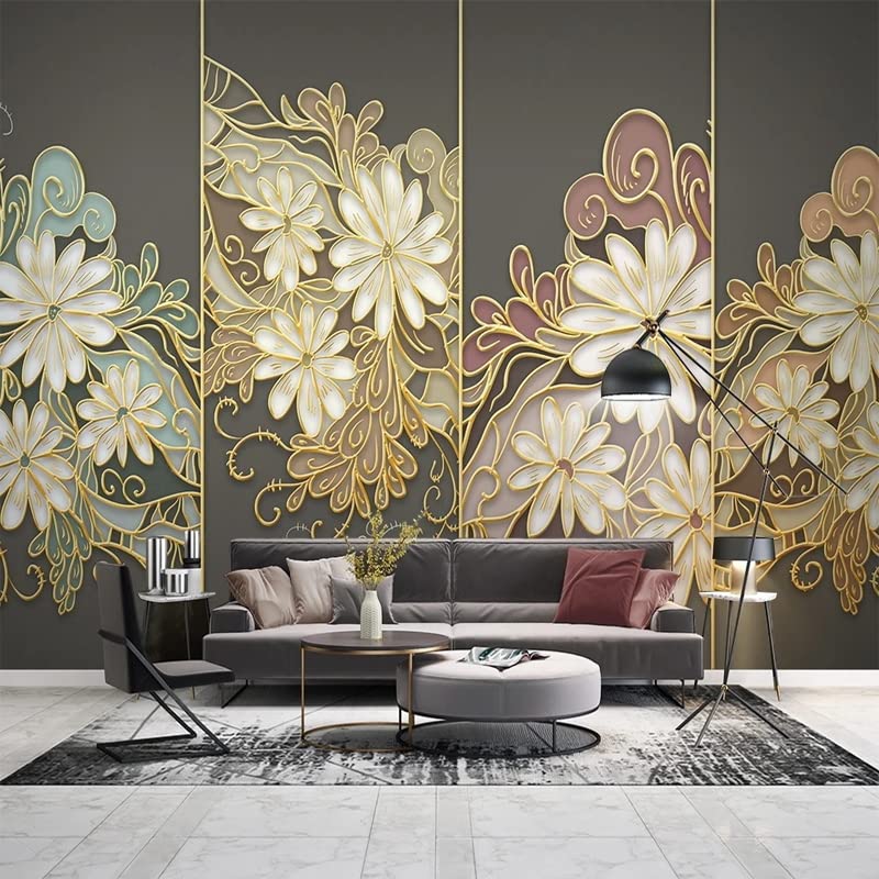Papier peint fleurs dorées pour salon moderne en intissé relief 3D 250x175cm