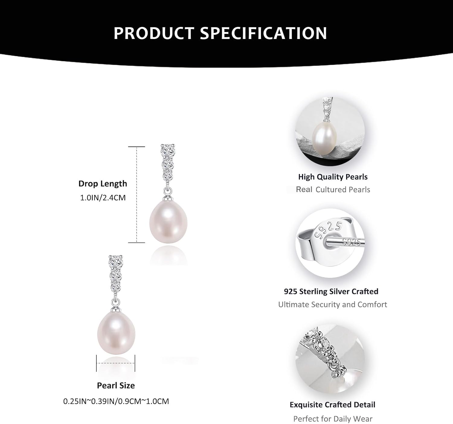 Pearl Drop Earrings, Saltwater Cultured Pearl, 925 Sterling Silver Dangle Earrings with Cubic Zirconia Diamonds, White Gold Plated Jewelry Gifts for Women - Image 5