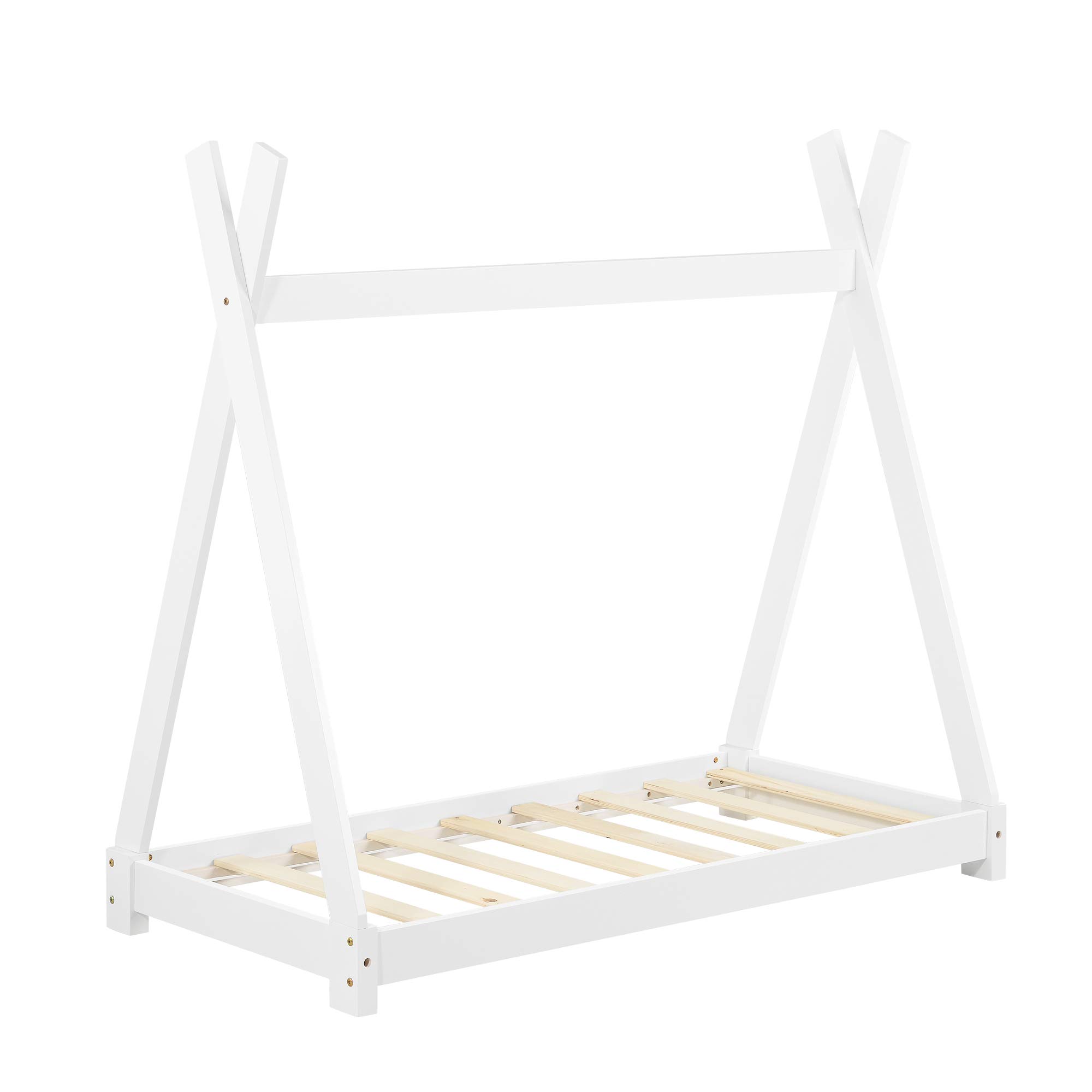 [en.casa] Kinderbett Onejda in Tipi-Design Bodenbett Jugendbett aus Kiefernholz Weiß 70 x 140 cm