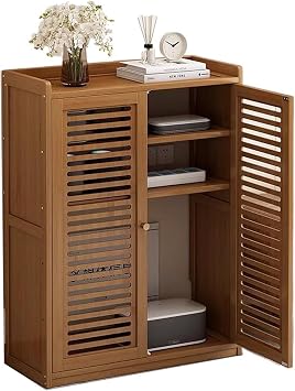 Bamboo WiFi Router Storage Cabinet with Adjustable Shelves, WiFi Router Hidden Box Floor Freestanding Cabinets Organizer with 2 Doors, for Bedroom Living Room,C