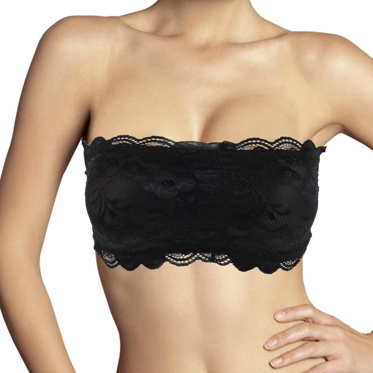 Strapless Lace Bandeau Bra Padded Removable Seamless Tube Bra with 3-Row Buckles Breathable Stretch for Women Off-Shoulder Tops Summer Black - Image 5