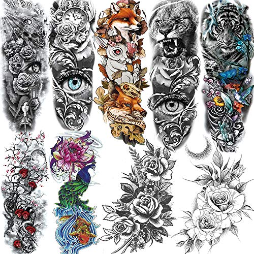9 Sheets ALISA Rose Flower Full Arm Temporary Tattoo Sleeve For Women Girls Black Fox Tribal Wolf Tiger Lion Face Arm Sleeve Temporary Tattoos For Men Tree Branch Peony Large Peacock Fake Lotus Tatoos
