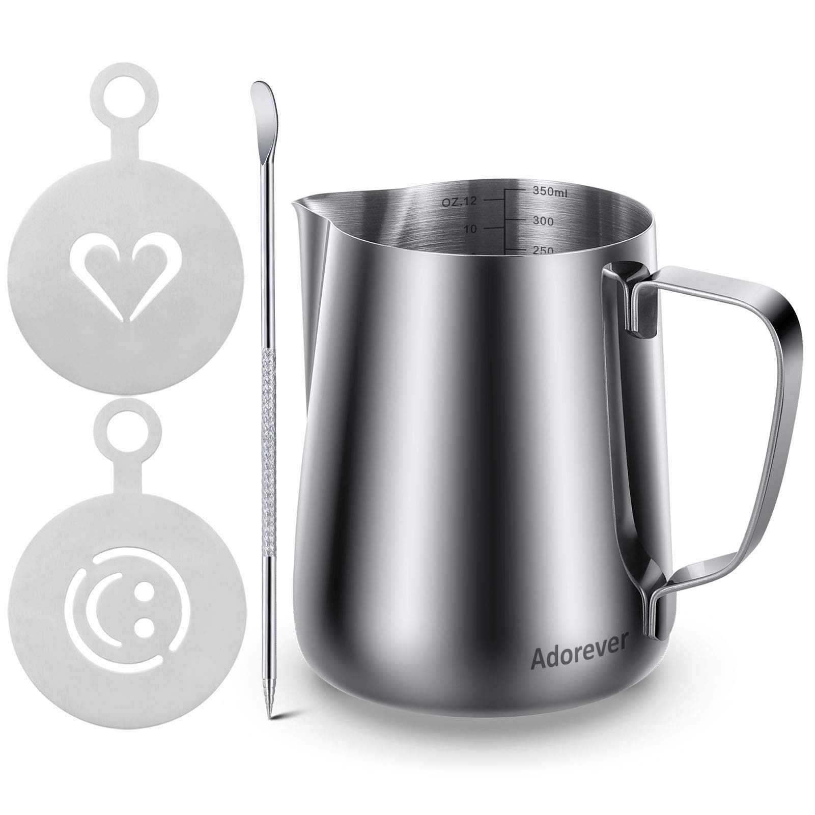 Milk Frothing Pitcher 12oz/350ml Steaming Pitchers Stainless Steel Milk Coffee Cappuccino Latte Art Barista Steam Pitchers Milk Jug Cup with Decorating Art Pen & 2 Decoration Stencils