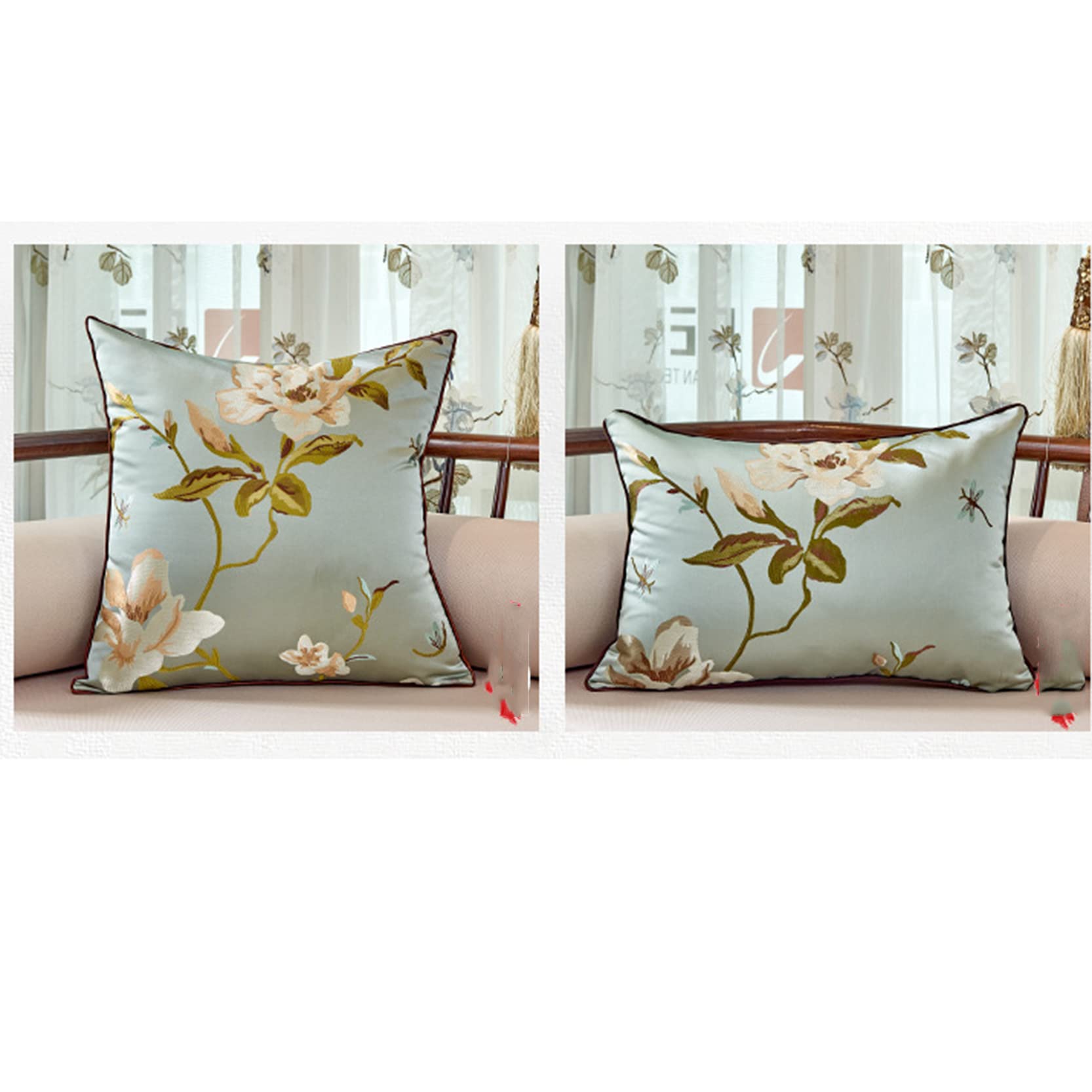Juego de 2 fundas de almohada bordadas, funda de cojín de satén decorativa con cremallera oculta, funda de almohada jacquard para sofá, cama, azul agua, 55 x 55 cm