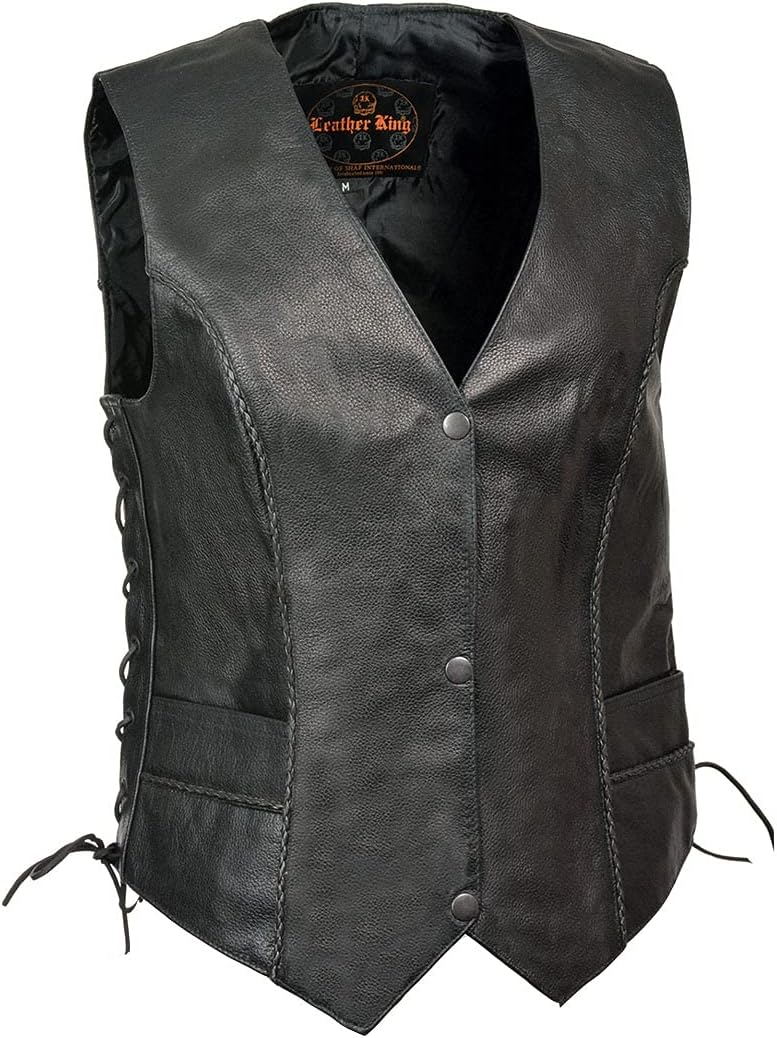 Milwaukee Leather SH2045 Women's Black Thin Braid Leather Side Lace Motorcycle Rider Vest- Front Snap Closure