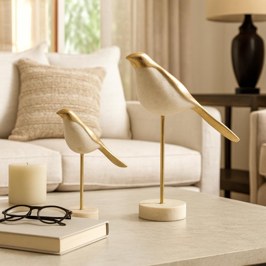 Chic Bird Sculpture for Home or Living Room Decor - Nature Inspired Accent Ideal for Office, Room, Shelf, or Coffee Table Decor - Elegant Ornament Statue for Bathroom Decor - Set of 2, 12", White/Gold