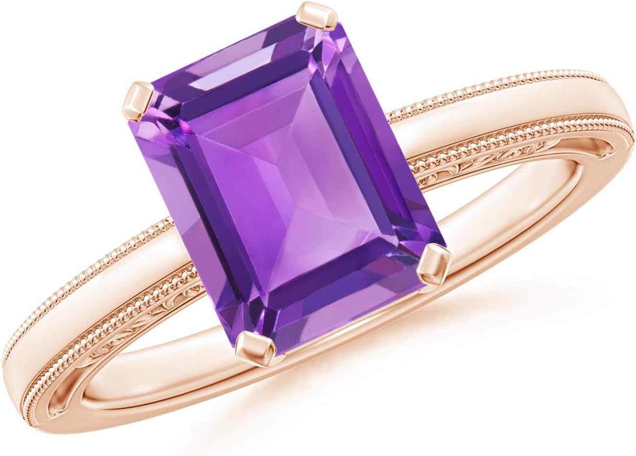 Angara Emerald Cut Amethyst Ring with Milgrain in Sterling Silver/14K Solid Gold/Platinum | Natural Amethyst Solitaire Ring for Women | February Birthday, Anniversary, Gemstone Jewelry Gift