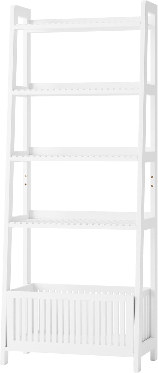 Bamjoy Bamboo White Bookshelf with Slatted Basket, Ladder Bookcase with 4 Display Shelves and 1 Open Storage Basket, Multifunctional Storage Rack Organizer for Home Office, Bedroom, Living Room, 66” H