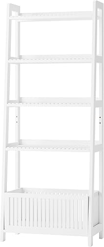 Miniatura 9 de Bamjoy Estantería blanca de bambú con cesta de listones, estantería de escalera con 4 estantes de exhibición y 1 cesta de almacenamiento abierta,