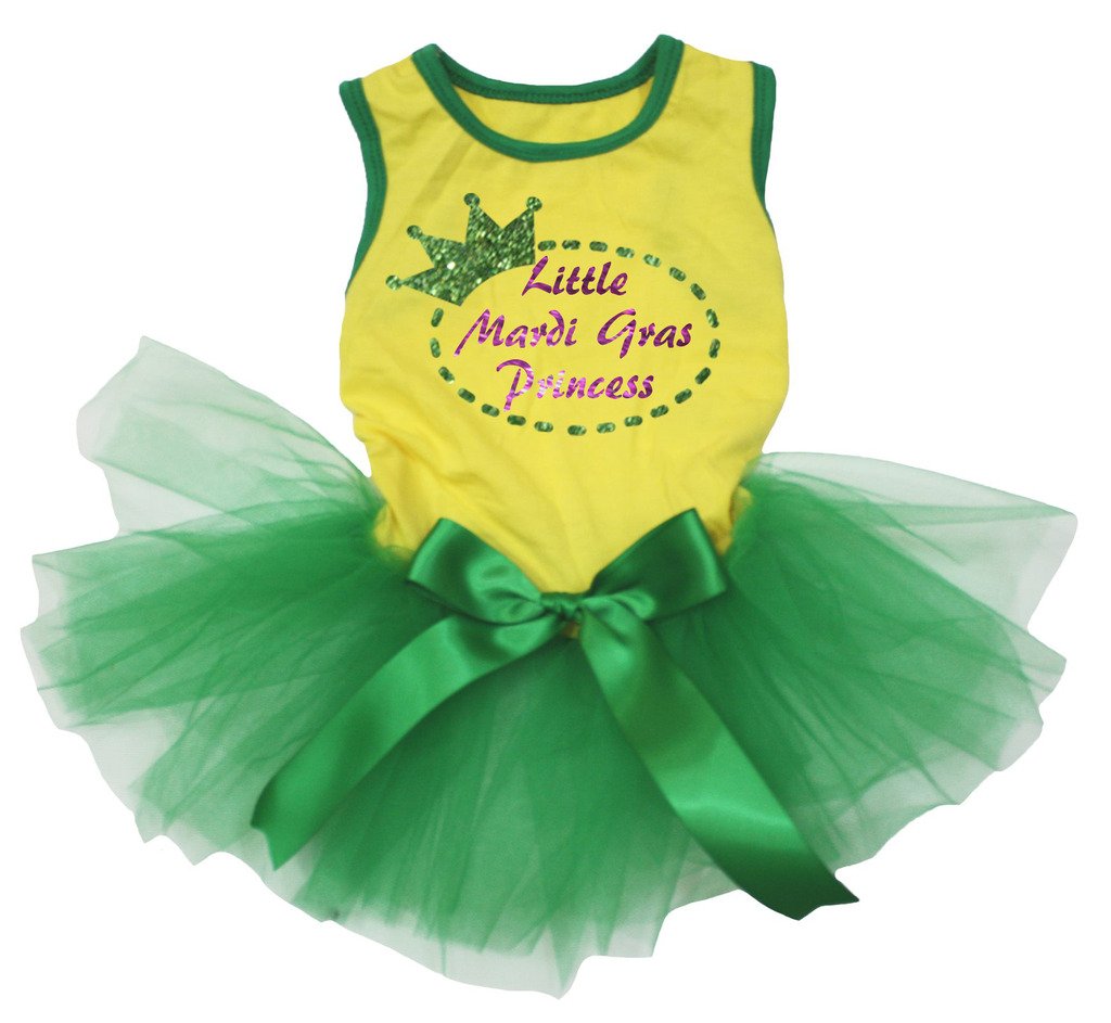 Robe de carnaval pour chien princesse jaune et vert pour défiler en famille