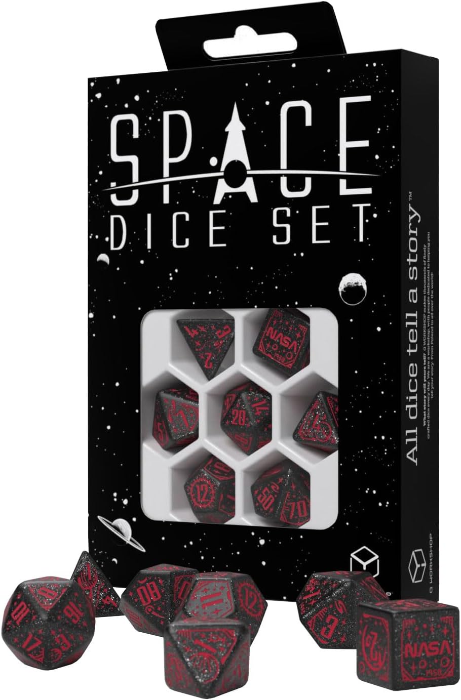 Space Dice Set Voyager by Q-Workshop RPG Dice – Shimmering Black with Red Engravings – Ideal for Tabletop Games & RPGs – 7 Polyhedral Dice – (D4, D6, D8, 2D10, D12, D20)