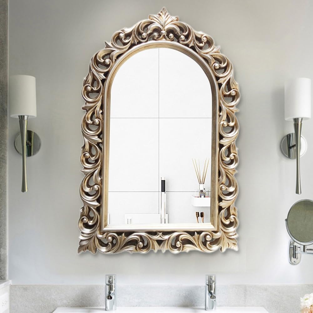 DFGHNBVC Wall Mirror Retro Entryway, Vintage Carved Arched Wall Mirror 30X46 Inches Antique Gold/Antique Silver,Gold,Silver