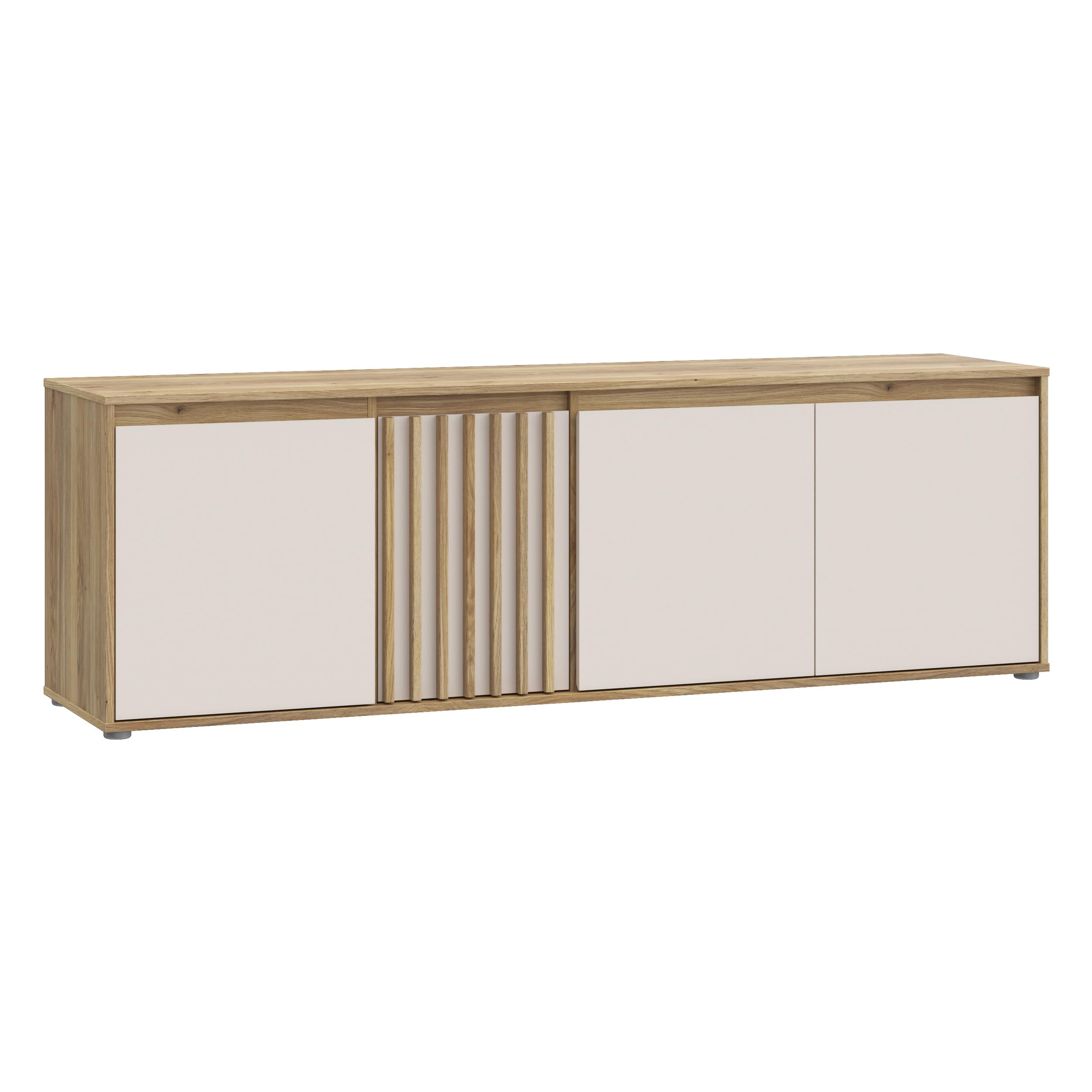 Forte ELISTON TV-Schrank 170 180, modernes Lowboard mit Lamellendesign, 4-türig, Wohnzimmer, Mauvella Eiche Holzdekor|Kashmir Beige, 174,3 cm breit x 56,1 cm hoch x 41,5 cm tief