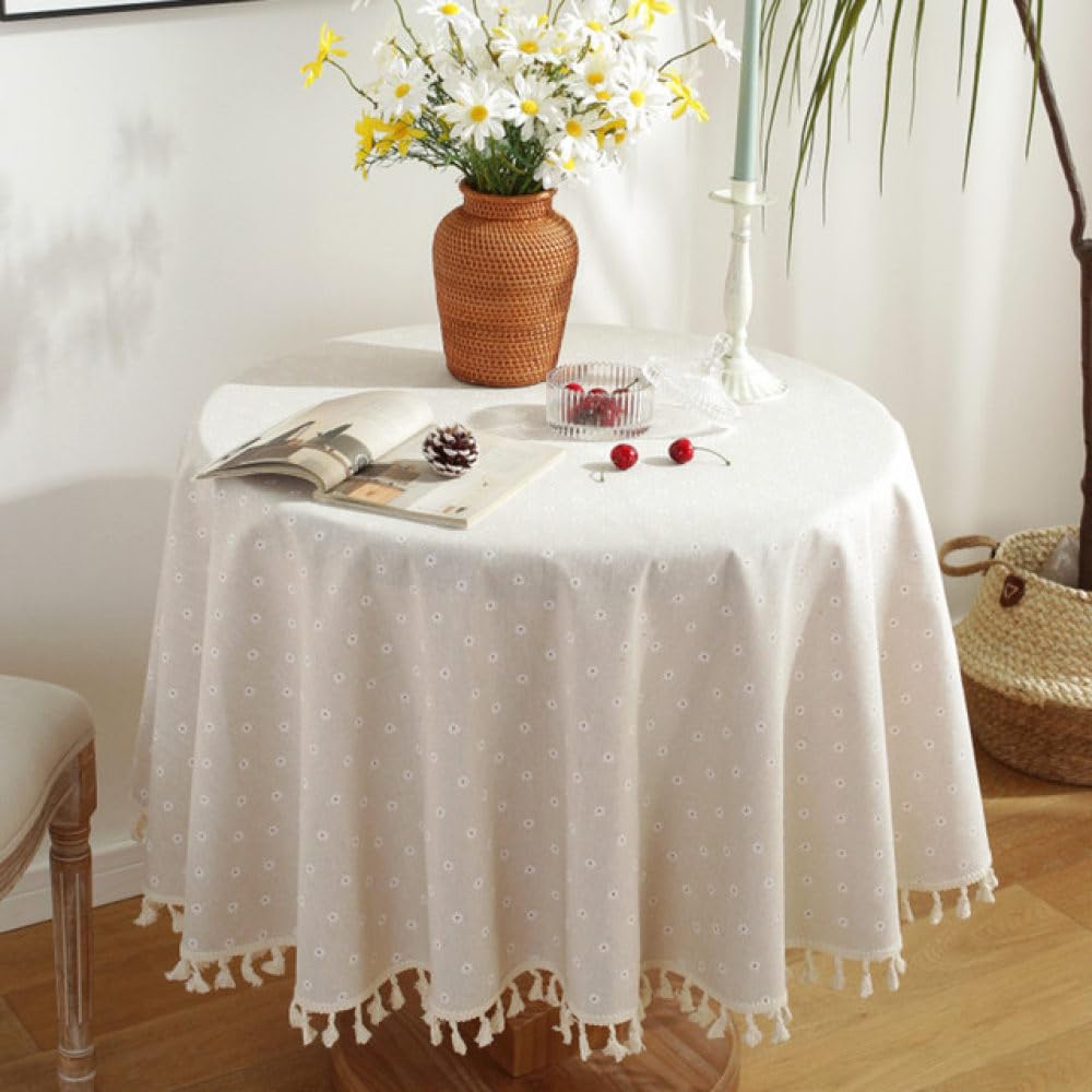 Nappe ronde en lin Marguerite Blanche IsolaY 120cm avec gland élégant pour table à thé