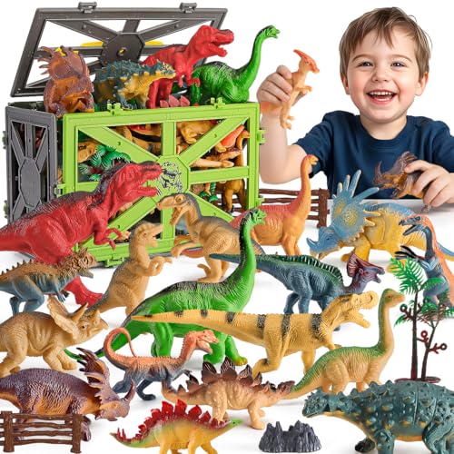 Image of Kiddiworld Dinosaur Toys for Kids 3-5, 31PCS Realistic Plastic Dinosaur Figures with Stone&Tree&Fence in Storage Cage for Toddlers Ages 5-7, Dino Toys Gifts for 3 4 5 Year Old Boys Girls