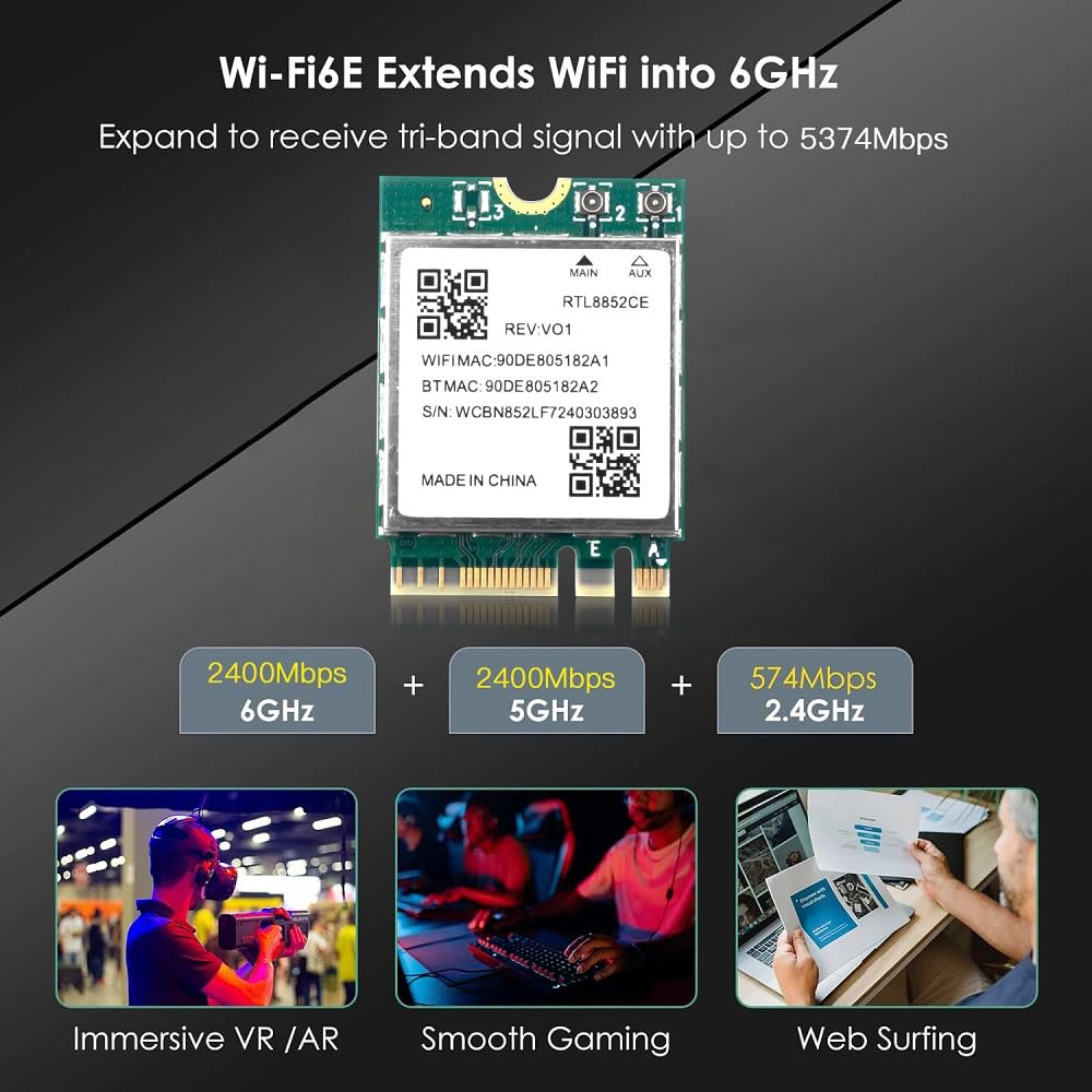RTL8852CE Carte Wi-Fi 6E, 5374 Mbps Tri-Band 6 GHz/5 GHz/2,4 GHz M.2 NGFF Adaptateur avec Bluetooth 5.3 pour ordinateur portable PC Windows 10/11
