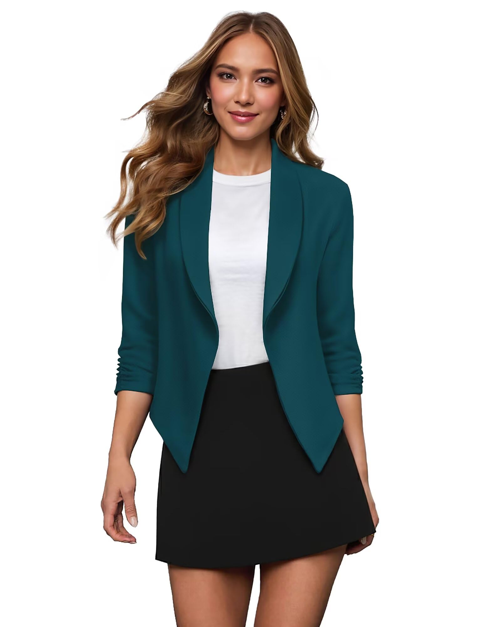 Photo 1 of & Company Lightweight Open Front Cardigan Classic Ruched Sleeve Work Office Blazer Suit Jackets JK1133 Teal L