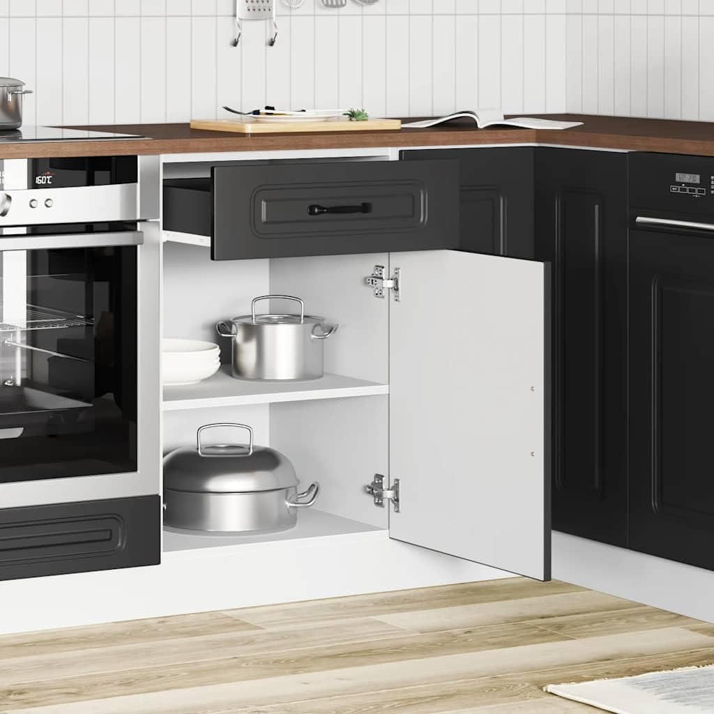 Barrualdea view of the vidaXL Kitchen Base Cabinet with the door and drawer open, revealing storage space with kitchen items.