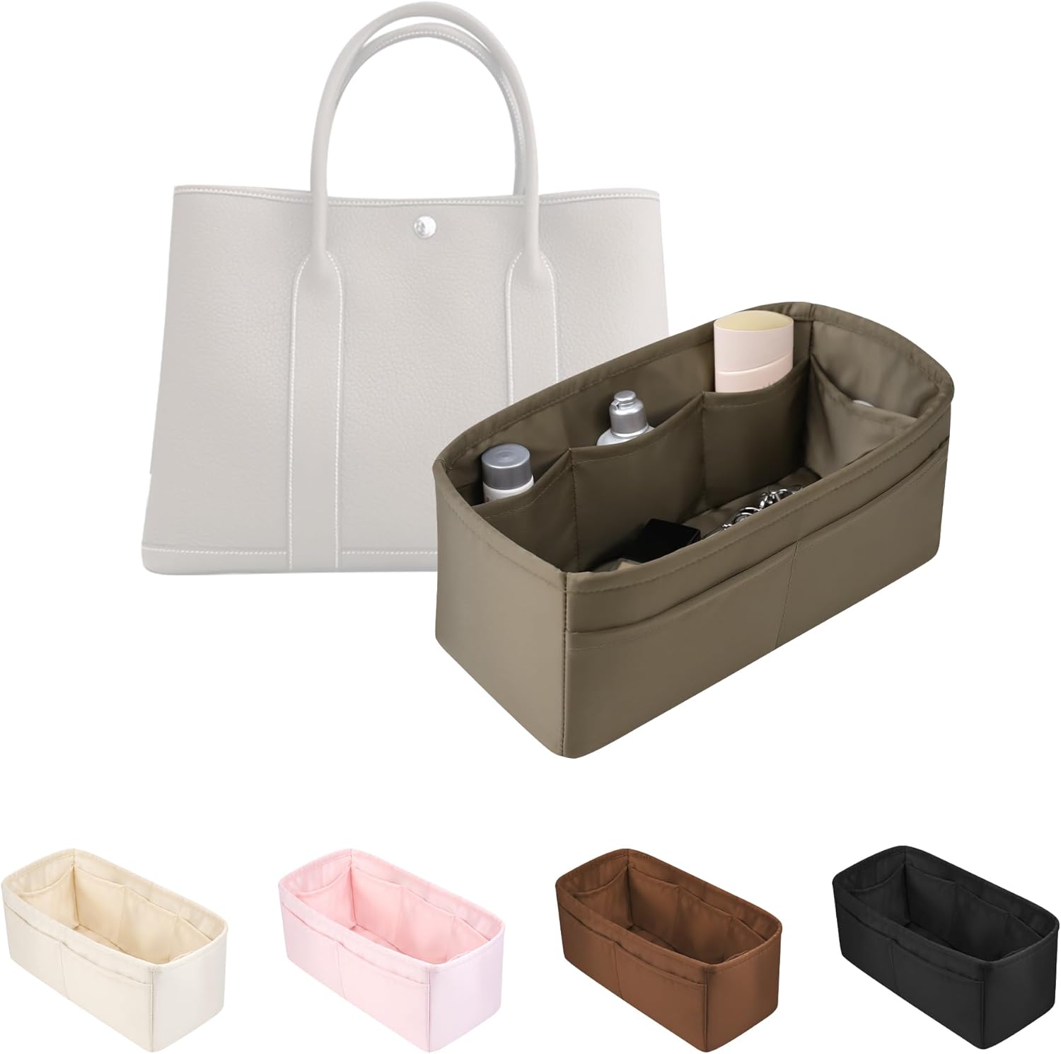 Tote Purse Organizer Insert, Lightweight & Soft Satin Fabric with Pockets, Ideal for Travel, Shopping, and Daily Use, Multicolor Options, Fits Garden Party 30(Etoupe grey, GP30)