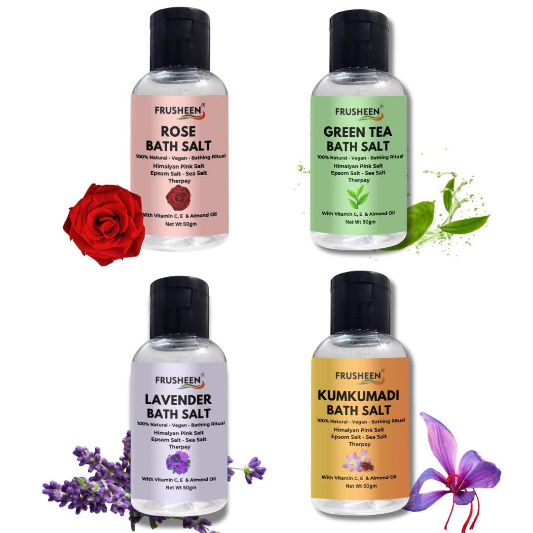 Frusheen Natural Bath Salt Gift Aroma Crystals Lavender, Rose, Green Tea, Kumkumadi| Colour Free Epsom, Sea, Himalayan Pink Salt | Foot, Muscle, Joint Bath Spa Combo Pack, 4 x 50g-picture-16
