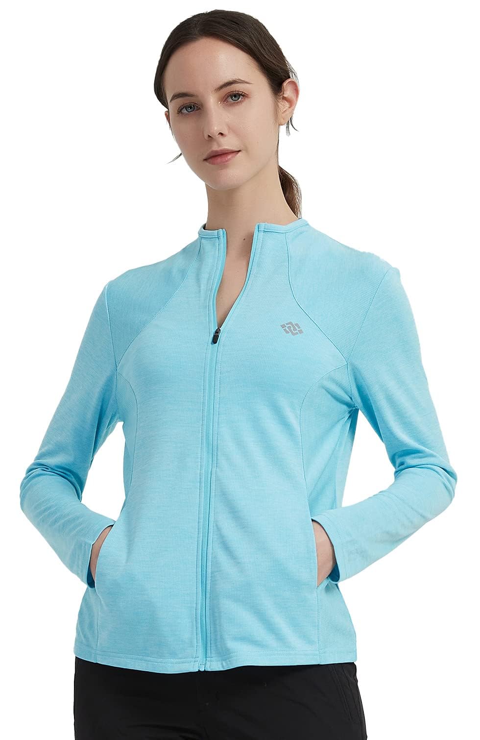 MoFiz Donna Giacca da Corsa Felpa Sportiva Leggera Manica Lunga Traspirante Top da Tuta Cerniera Integrale senza Cappuccio per Running Fitness Yoga Palestra con Tasche Blu Cielo 3XL