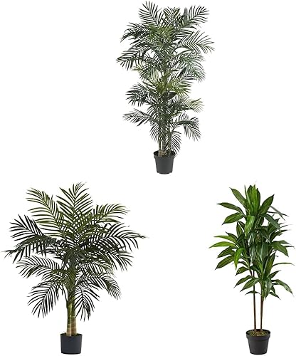 Nearly Natural 5289 - Palma de caña dorada de seda de 6.5 pies, verde y 5357 4 pies 48 pulgadas, planta artificial Dracaena (tacto real), 48