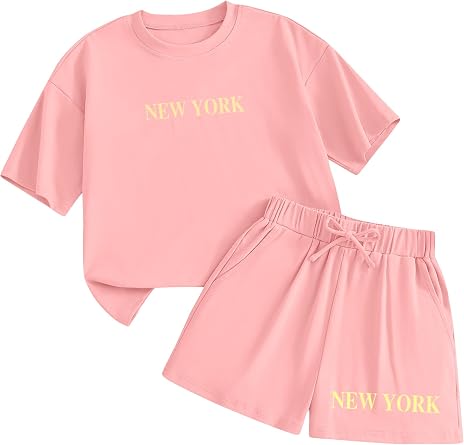Girls 2 Piece Outfits Casual New York Short Sleeve Oversized T-Shirt and Elastic Waist Shorts Set Summer Outfit