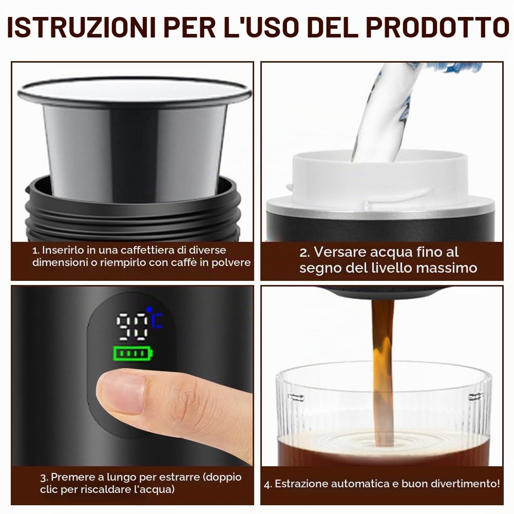 Macchina per caffè espresso portatile 3 in 1 Mini macchina da caffè da viaggio 20 Bar con USB-C, macchina da caffè da campeggio, autoriscaldante, compatibile con caffè macinato e capsule per