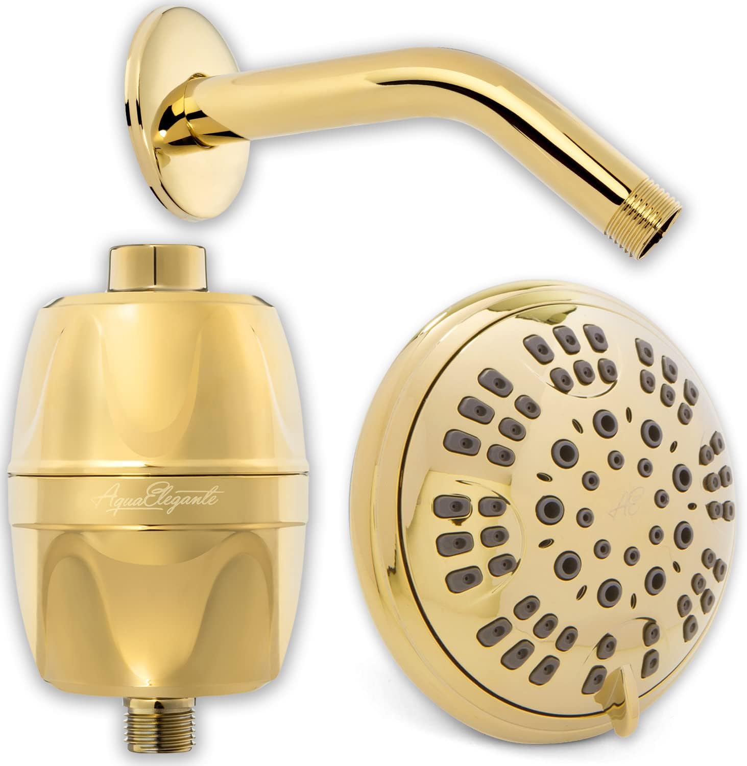 Luxury Shower Head + Filter + Arm - High Pressure Boosting 6 Function Showerhead With Water Filter To Remove Chlorine + 6 Inch Stainless Steel Shower Arm And Flange, 2.5 GPM - Polished Brass