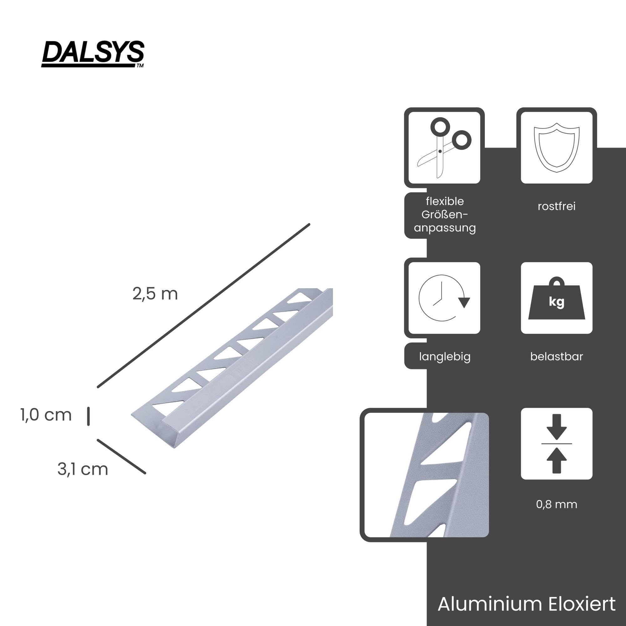 Fliesenschiene 2,5m x 10mm Eckprofil Quadratprofil Aluminium eloxiert Silber matt Fliesenprofil