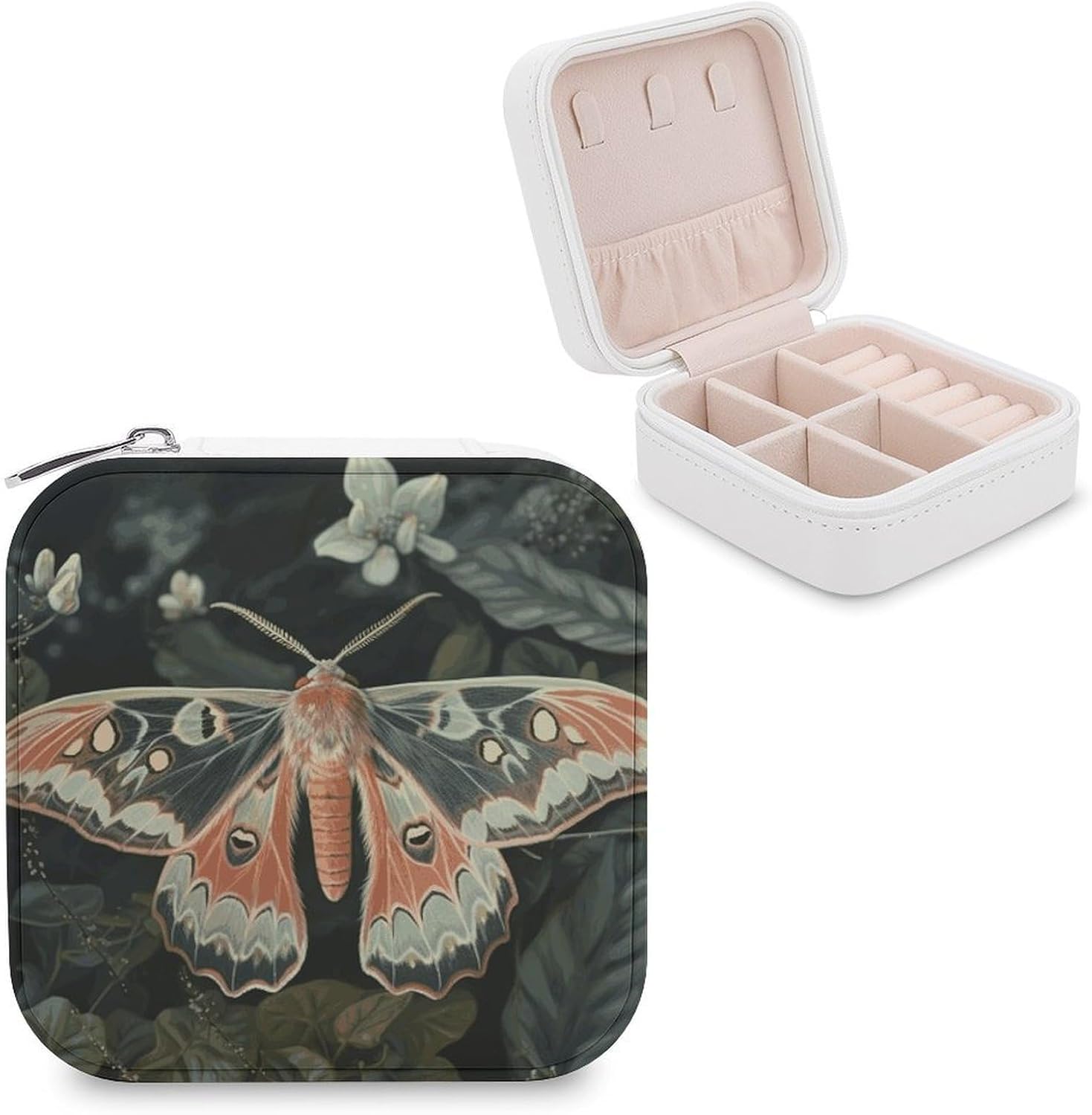 Travel Jewelry Box for Women Waterproof PU Leather Beautiful Moth Jewelry Organizer Tangle Free Portable Storage Holder Case for Necklace Pendant Bracelet Ring Watch Earring Bangle