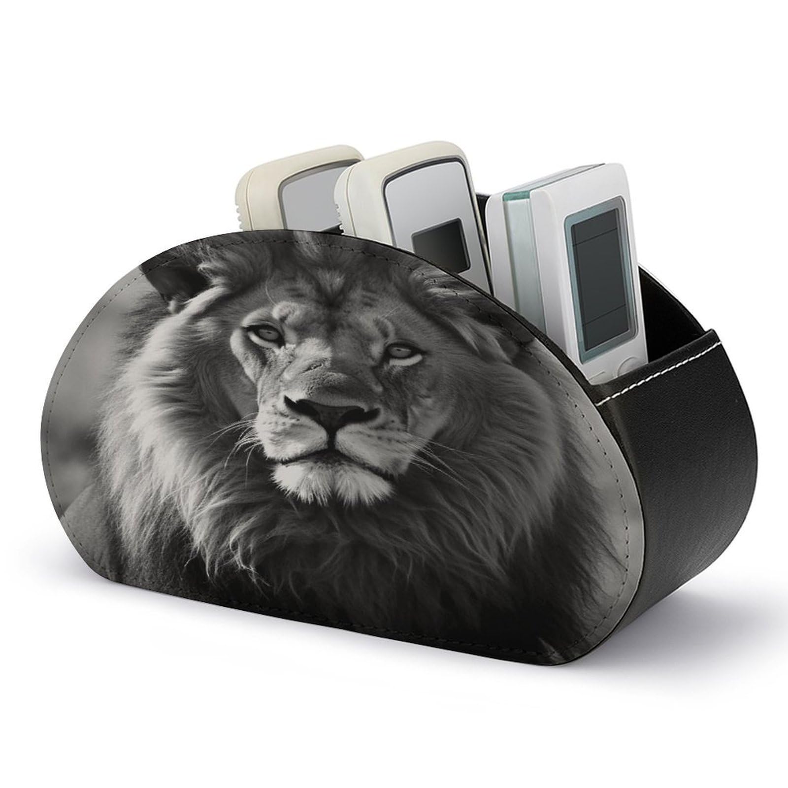 VstaDank African Lion Black And White Remote Control Holder with 5 Compartments PU Leather TV Remoter Caddy Desktop Organizer TV Remote Holder Remote Box for Media Controllers Office Supplies