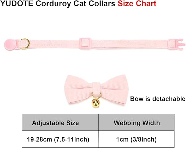 YUDOTE Ultra-soft Collar Natural Cotton Corduroy Made for Cats with Sensitive Skin,Lightweight Kitten Collars with Quick-release Buckle and Removeable Bow-tie,Light Pink Pack of 1 - 3
