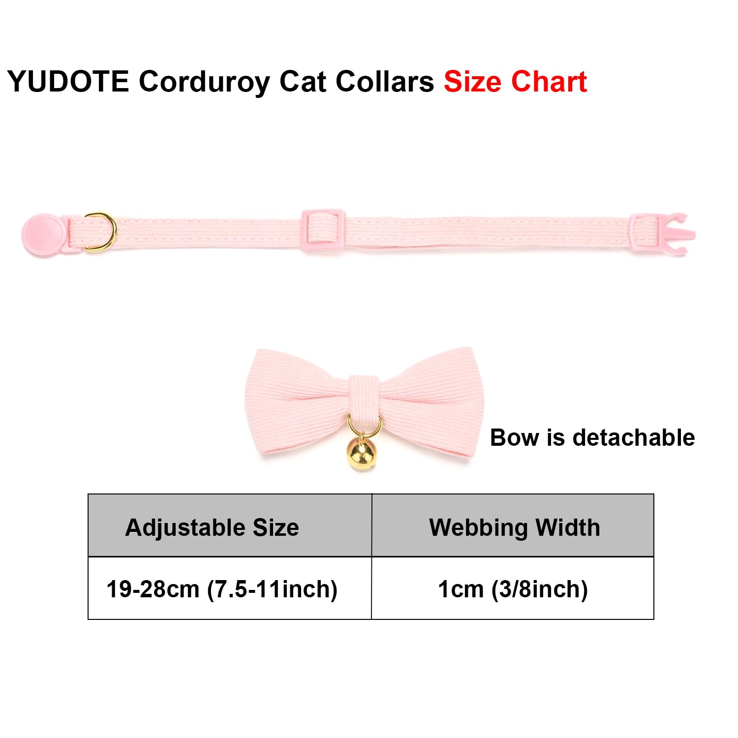 YUDOTE Ultra-soft Collar Natural Cotton Corduroy Made for Cats with Sensitive Skin,Lightweight Kitten Collars with Quick-release Buckle and Removeable Bow-tie,Light Pink Pack of 1 — view 3