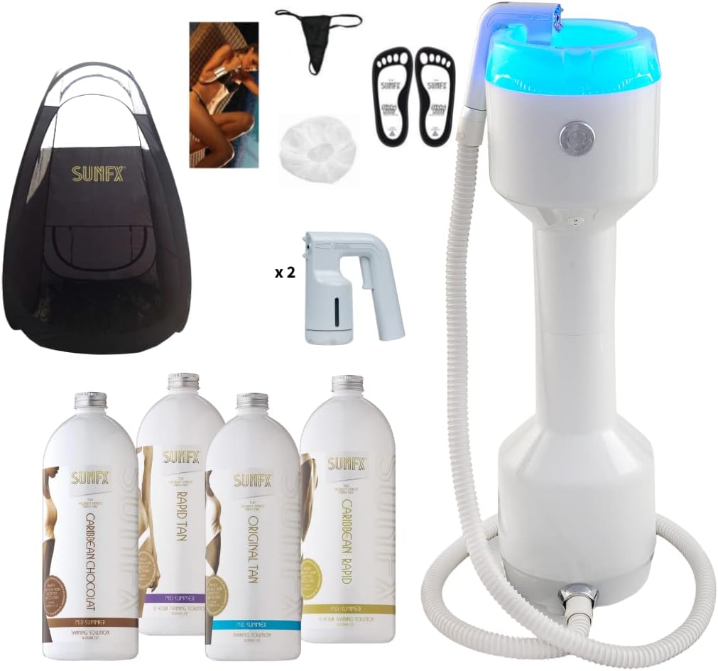 SunFX Ultimate PRO Salon Airbrush Spray Tan Package - Pro Tower With Two Applicators and accessories - Sunless Solution - With Tan Tent(White-Blue)