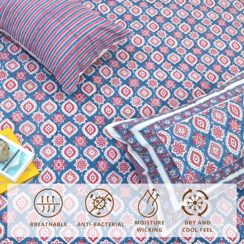 Image of TOAI Hand Block Printed Bedsheet | Bed Spread Flatsheet Bed Sheet | Pure Cotton | King Size 108 inchx108 inch | 210 TC Luxury Cotton | 2 Reversible Pillow Covers |Spanish Villa