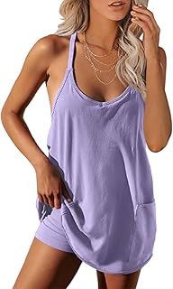 Womens Workout Romper Dress with Shorts Underneath Sleeveless Spaghetti Straps Athletic Outfits Casual Vacation - Buy now