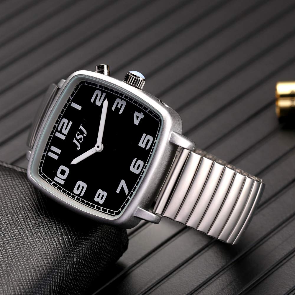 Reloj Parlante Analógico de Forma Cuadrada con Función Despertador, Anuncio de la hora y Fecha en Francés, Esfera Negro, Correa Extensible TFSW-1708F