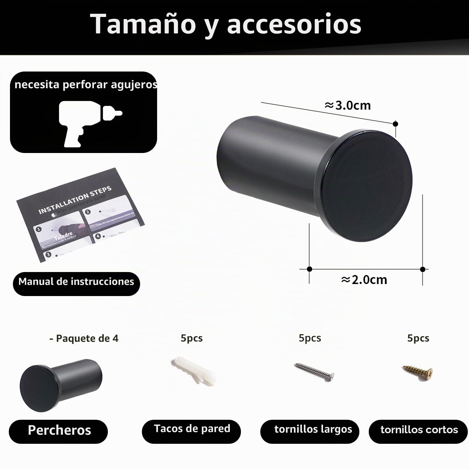 Feligio Colgador Toalla Baño Negro Redondo, Ganchos Pared con Tornillo, Colgador Baño Max 30kg, Percha de Acero Inoxidable 304, Para Cocina Dormitorio, 4 Piezas