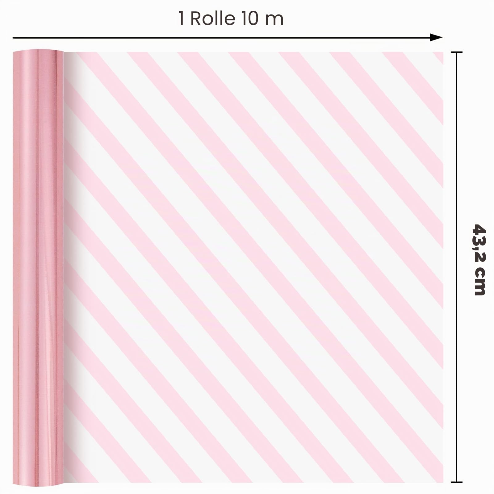 Wikadlik Mini Geschenkpapierrolle, metallisiertes Rosa, Streifen, beidseitig verwendbar, für Geburtstage, Valentinstag, Muttertag, Babyparty, Hochzeiten, 43 cm x 10 m