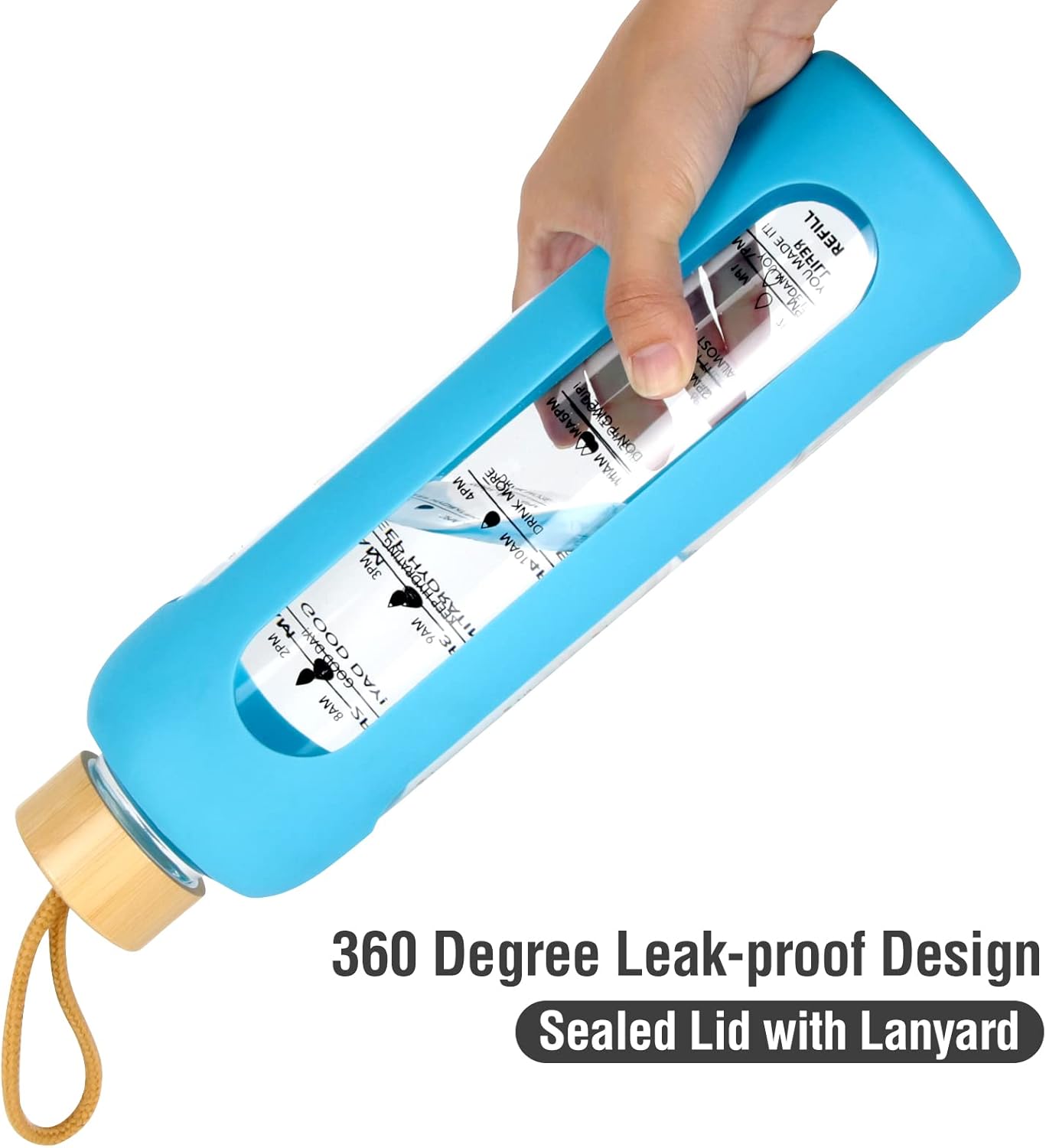 NIDOOT Water Bottle With Time Marker, Motivational Water Bottles, 1L Large Leak Proof BPA Free Water Bottle With Time Reminder, 32oz Glass Water Bottles With Silicone Sleeve and Bamboo Lid (Blue)