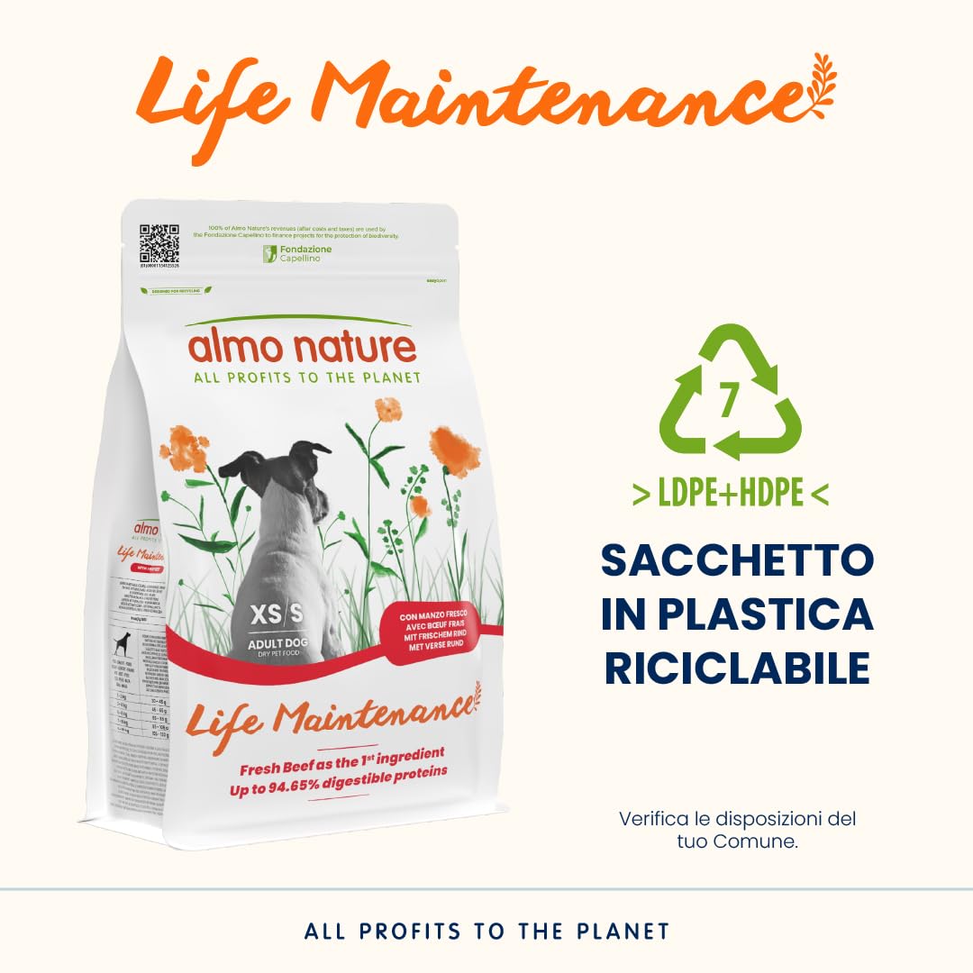 Almo Nature Life Maintenance Cibo Secco per Cane XS-S al Manzo 2 kg Crocchette Complete per Cani Adulti di Taglia Piccola