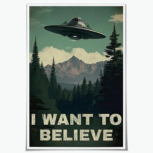 Divertida obra de arte de estilo vintage con texto en inglés "I Want To Believe" OVNI, póster de decoración de pared retro de los años 90, Estilo