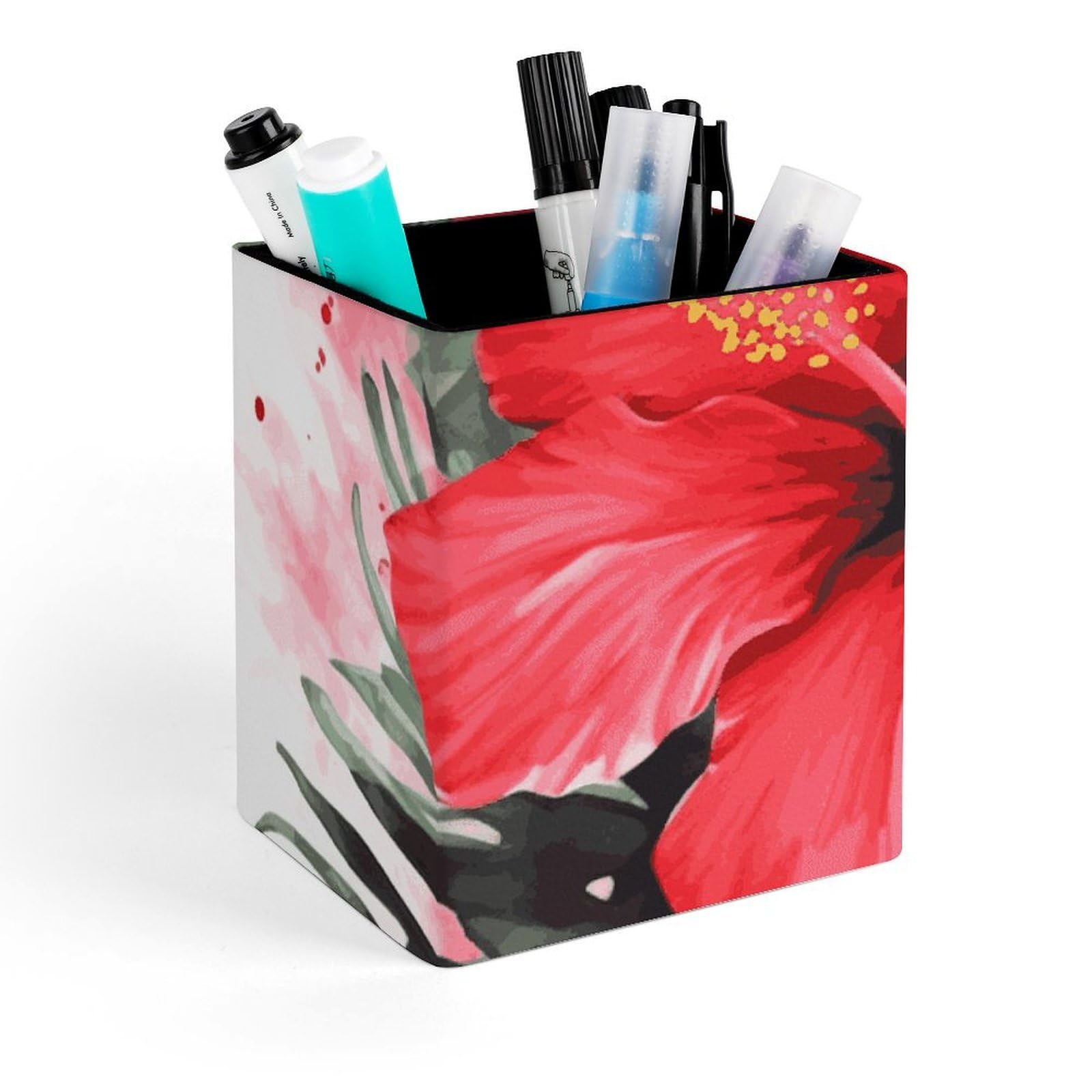 Porte-stylo carré en cuir imprimé hibiscus rouge, pot à crayons de bureau compact 10,9 cm