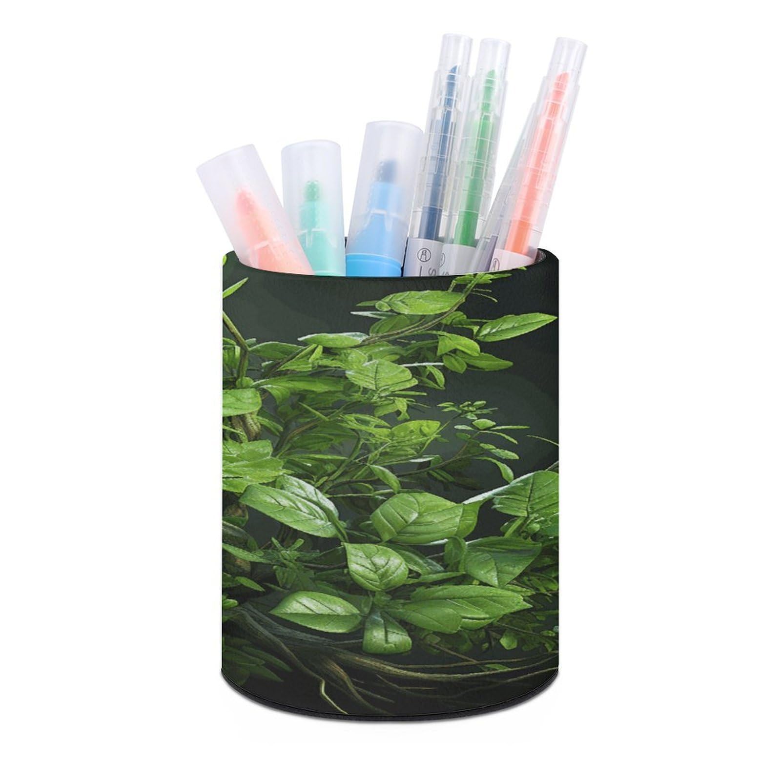 JTREHY Green Leaves Pen Holder Round Pen Pencil Holder Makeup Brush Holders Cup PU Leather Pencil Cups Desktop Caddy Stationery Organizer Case Office Accessories Container Box