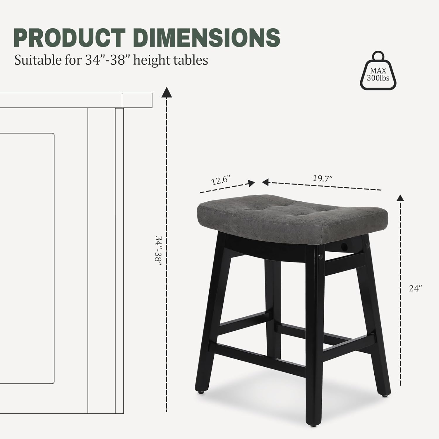 RNKSFX Counter Height Bar Stools Set of 2 for Kitchen Counter Farmhouse Modern Island Barstools with Faux Leather Upholstered Backless Seat and Solid Wood Legs 24 inch Bar Chairs, Grey + Black