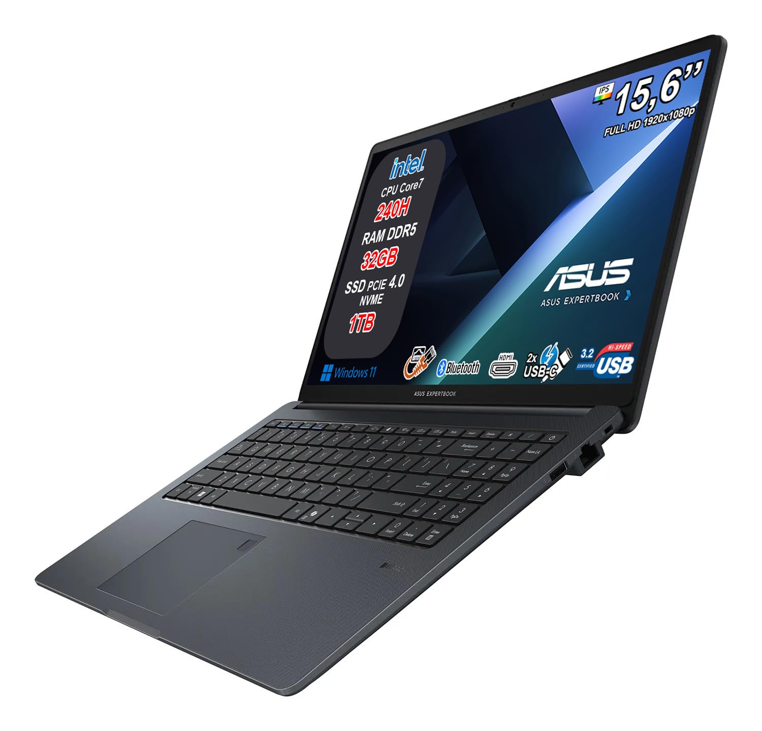 ASUS ExpertBook B1 Notebook, Intel Core 7 240H, 32GB DDR5 RAM, 1TB SSD NVMe, 15.6" Full HD, Windows 11 Pro, Fingerprint, WiFi 6, Tastiera Retroilluminata, Webcam Privacy Shutter, 2 Anni Garanzia.