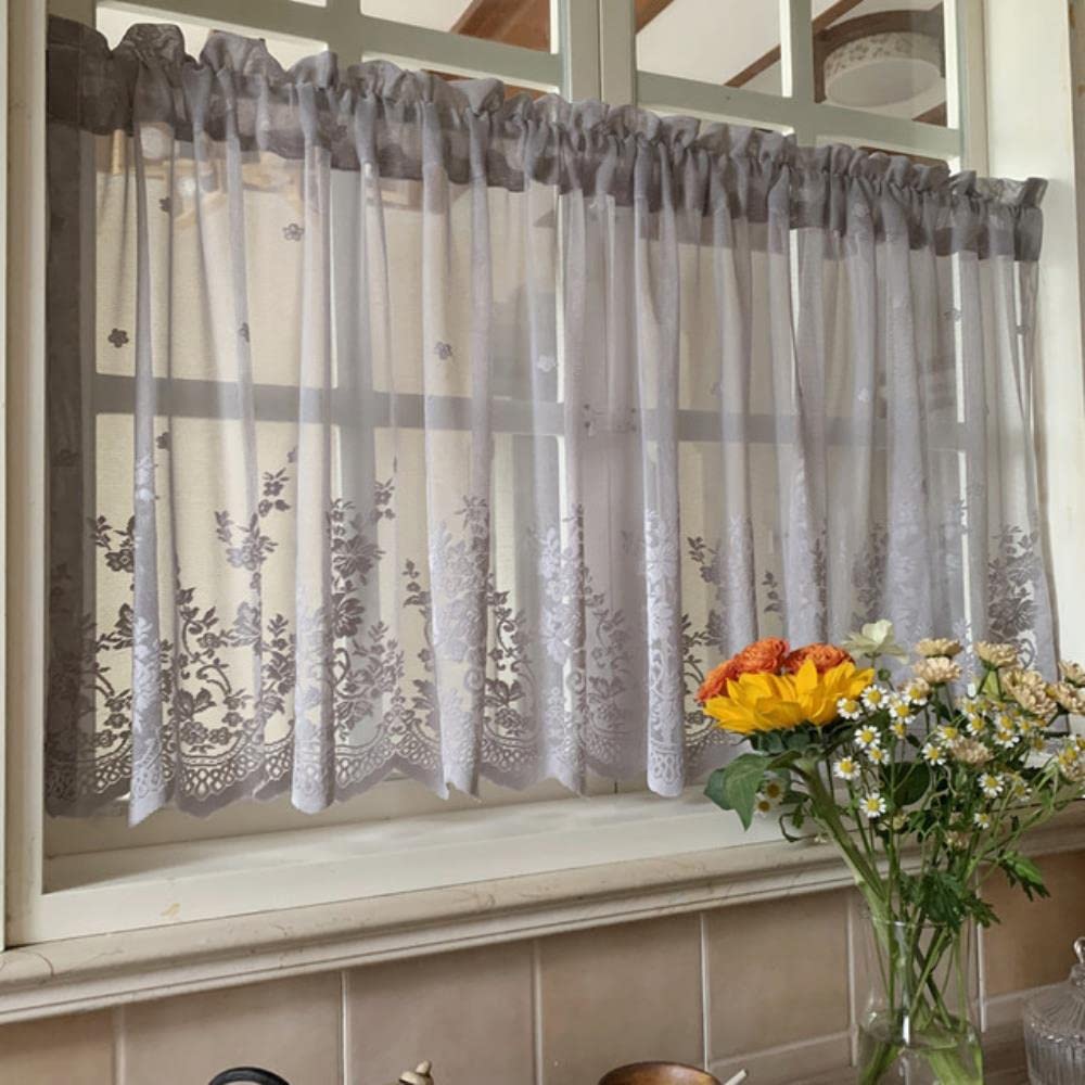MANQILE Dark Green Lace Embroidered Voile Short Curtain for Kitchen Cupboard Door Coffee Half Curtain Partition Decor